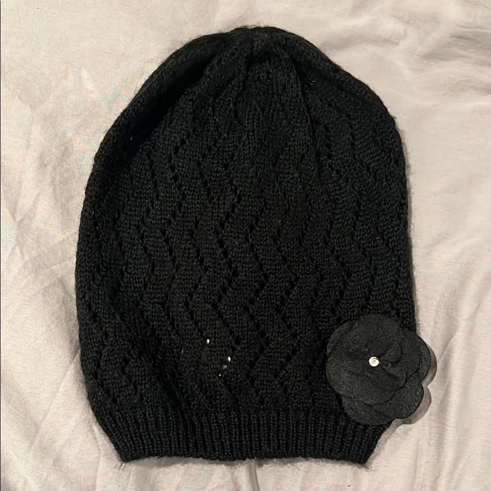 Black Knit Beanie with Rhinestone Flower Accent